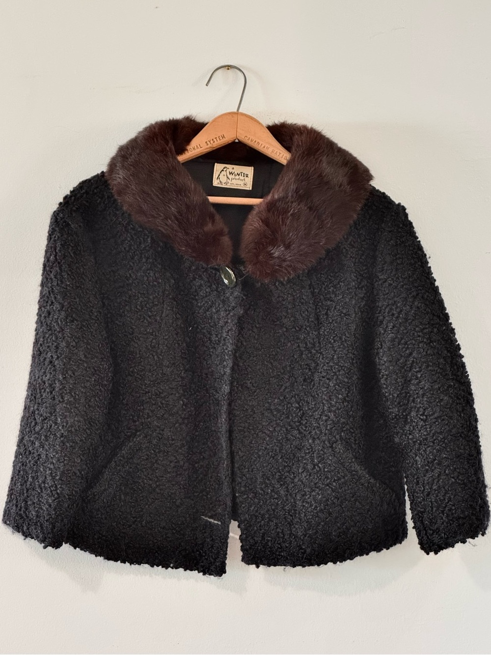 Vintage "A Winter Product" Black Boucle Coat with Brown Collar